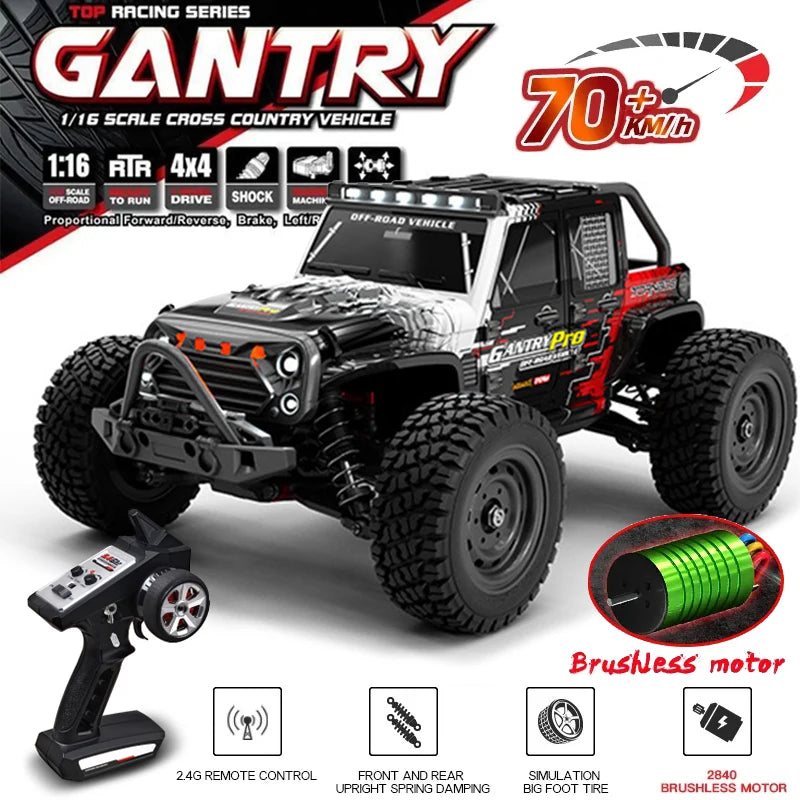 16103PRO 2.4Ghz 70KM/H Professional RC Car: Brushless Motor, 1:16 Scale 4WD High-Speed Off-Road Climbing Vehicle Wtith LED Light