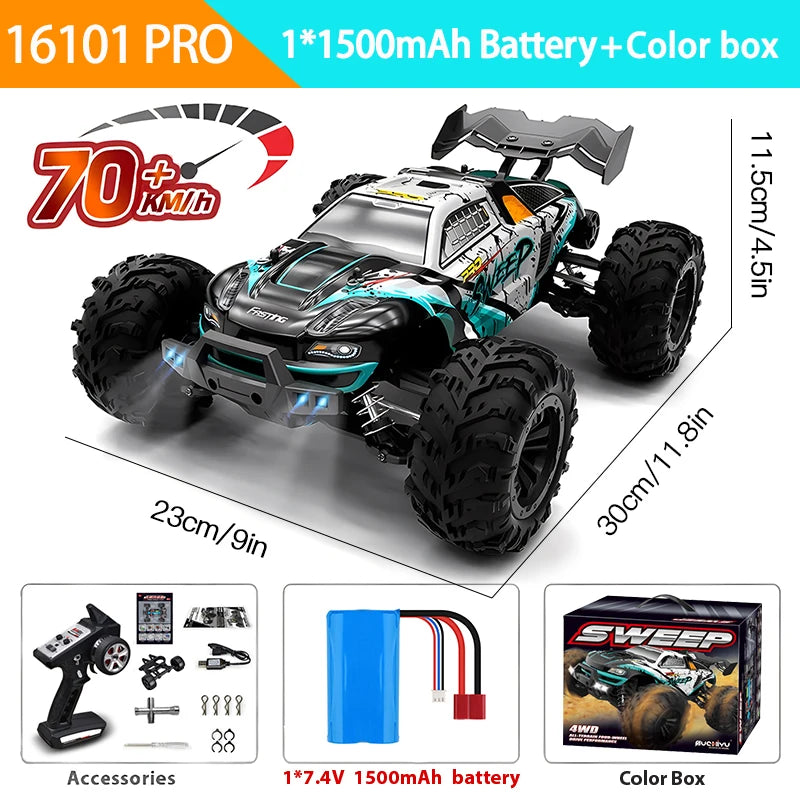 16103PRO 2.4Ghz 70KM/H Professional RC Car: Brushless Motor, 1:16 Scale 4WD High-Speed Off-Road Climbing Vehicle Wtith LED Light