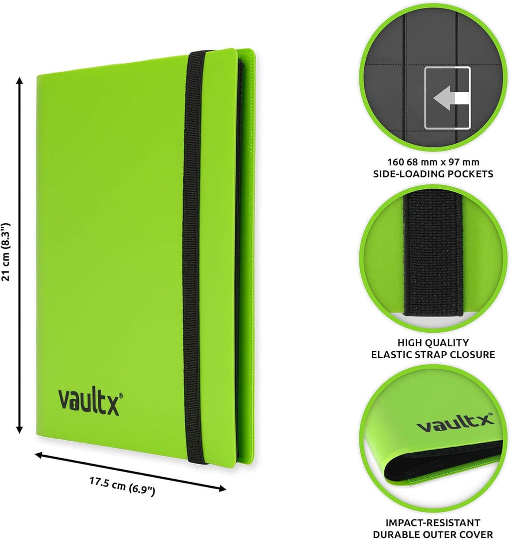 4 Pocket Trading Card Strap Binder, 160 Cards, Standard, 20 Side-Loading Pages, TCG (Green)