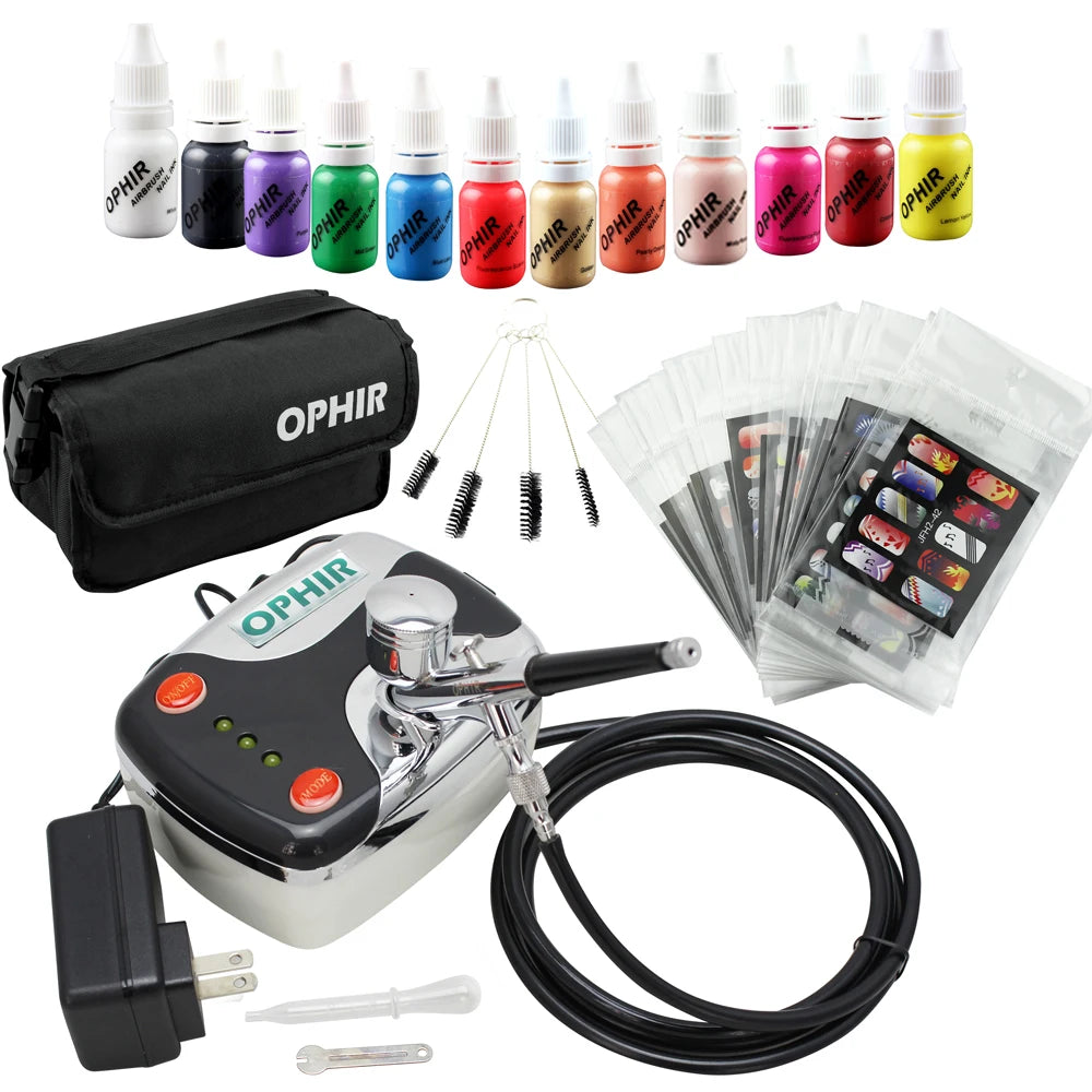 OPHIR Nail Art Tool 0.3Mm Airbrush Kit with Air Compressor for Nail Art Airbrushing Stencil & Bag & Cleaning Brush Set_Op-Na001P