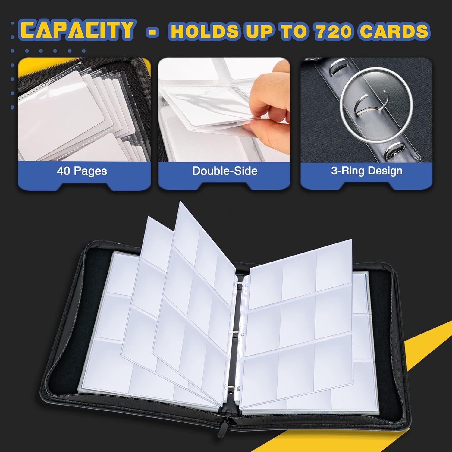 9 Pocket Waterproof Trading Card Binder, Trading Album Display Holder, Expandable, 720 Double Sided Pocket Album, Compatible with Yugioh, MTG and Other TCG Cards